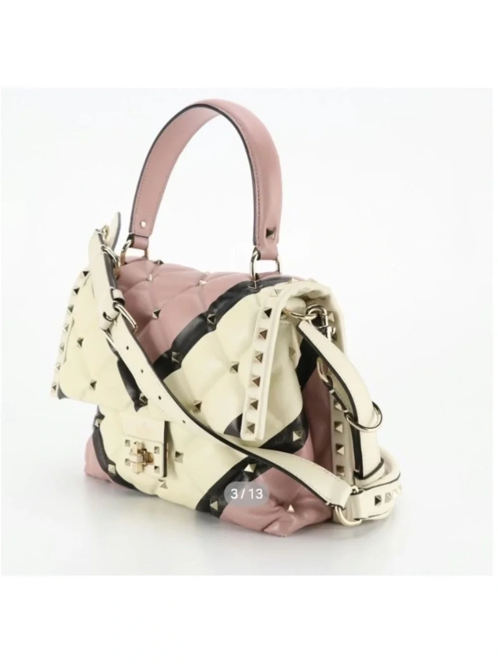Valentino Garavani Pink, Cream & Black Quilted Rockstud Top Handle Satchel